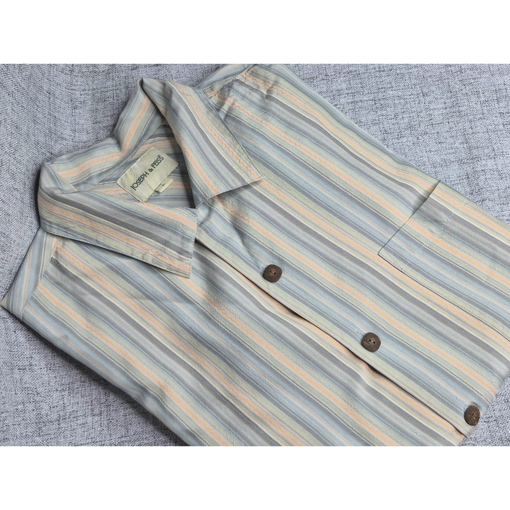 Joseph Feiss 100% Silk Mens Large Short Sleeve Shirt Button Down Striped